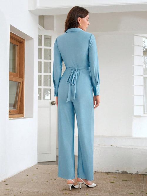 Blue Waist-crossed Wrap Shirt High Waist Jumpsuit For Women