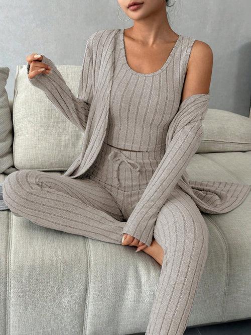 Scoop Neck Tank Top Knot Waist Leggings with Robe Lounge Pyjama Sleepwear Set For Women
