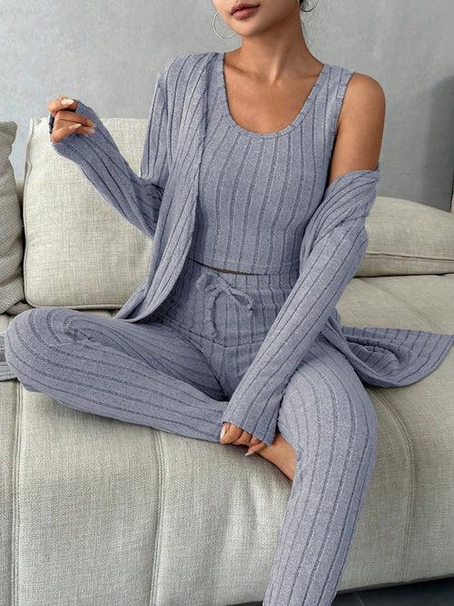 Scoop Neck Tank Top Knot Waist Leggings with Robe Lounge Pyjama Sleepwear Set For Women