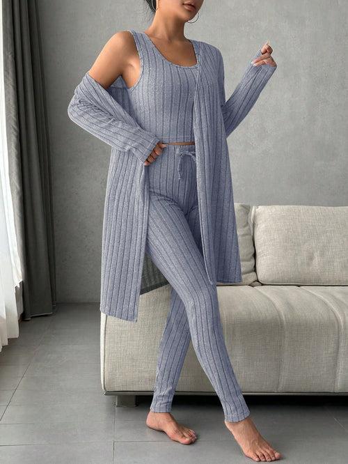 Scoop Neck Tank Top Knot Waist Leggings with Robe Lounge Pyjama Sleepwear Set For Women