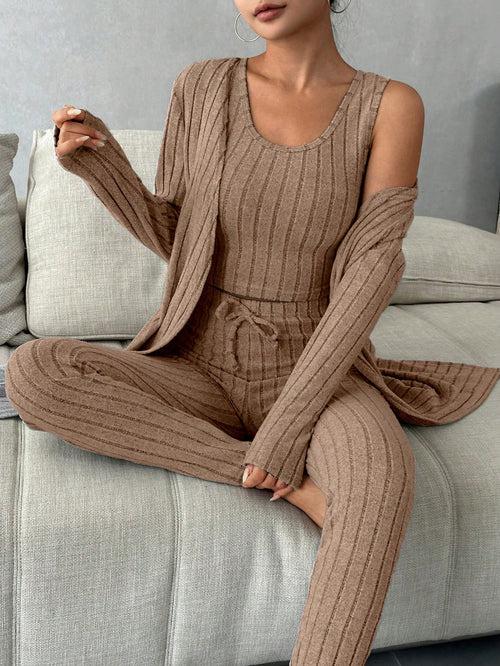 Scoop Neck Tank Top Knot Waist Leggings with Robe Lounge Pyjama Sleepwear Set For Women