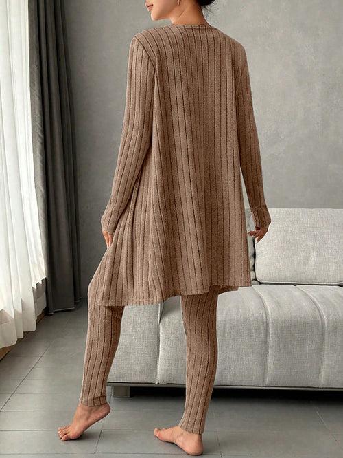 Scoop Neck Tank Top Knot Waist Leggings with Robe Lounge Pyjama Sleepwear Set For Women