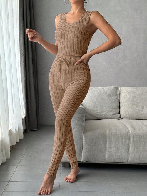 Scoop Neck Tank Top Knot Waist Leggings with Robe Lounge Pyjama Sleepwear Set For Women