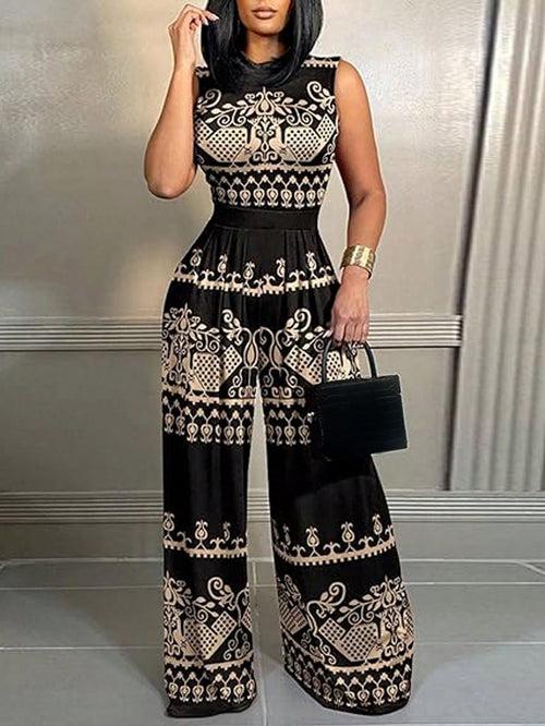 Black Round Neck Fold Pleated Front Wide Leg Geometric Tribal Print Jumpsuit For Women