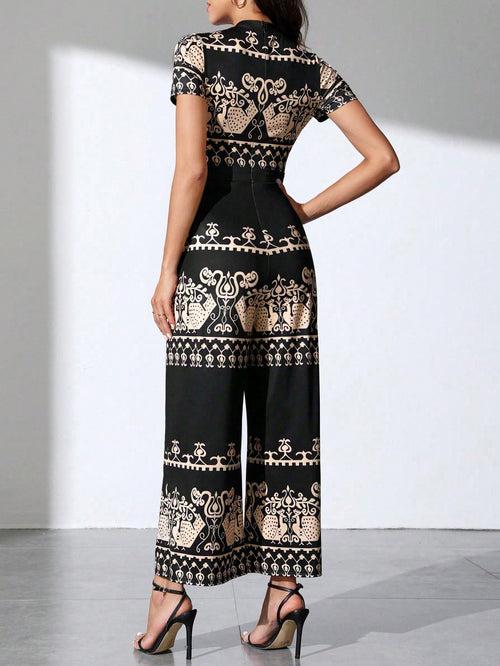 Black Round Neck Fold Pleated Front Wide Leg Geometric Tribal Print Jumpsuit For Women