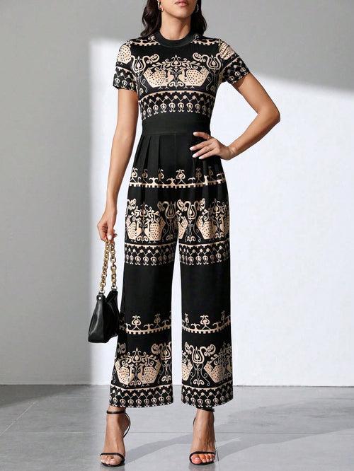 Black Round Neck Fold Pleated Front Wide Leg Geometric Tribal Print Jumpsuit For Women