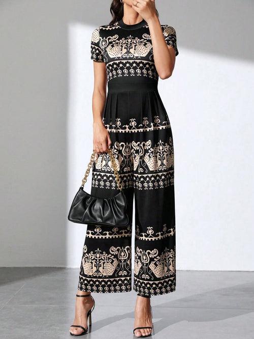 Black Round Neck Fold Pleated Front Wide Leg Geometric Tribal Print Jumpsuit For Women