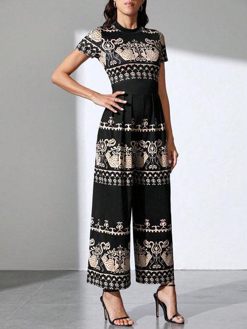 Black Round Neck Fold Pleated Front Wide Leg Geometric Tribal Print Jumpsuit For Women