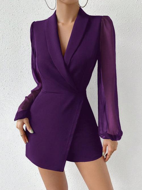 Shawl Collar Contrast Mesh Bishop Sleeve Wrap Hem High Waist Slim Fit Jumpsuit Romper For Women