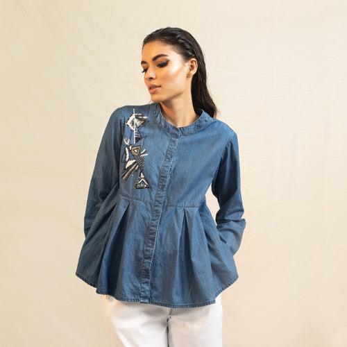 Snap Button Pleated Shirt