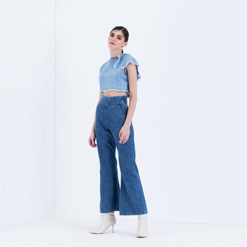 The Vineeta One shoulder ruffled Top & Wide Leg Denim Set