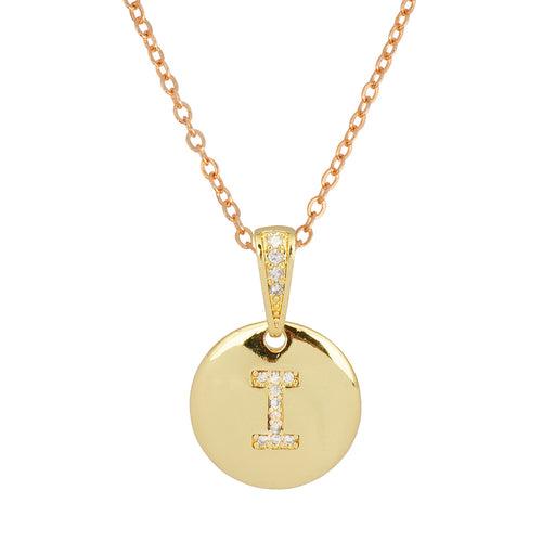 Crystal Studded Alphabet I Gold Coin Necklace