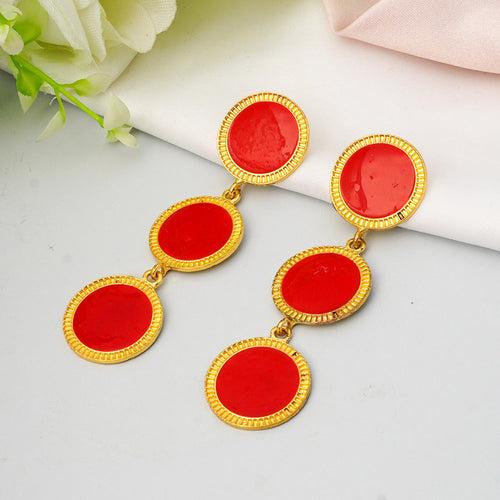 Red Coin Disk Dangling Earrings