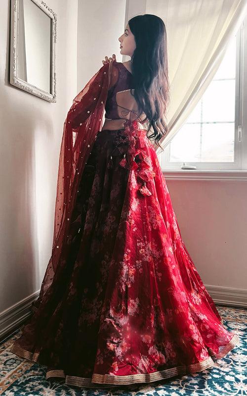 Ankita Wine Floral Organza Lehenga