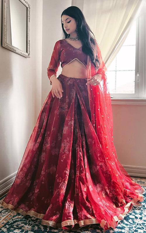 Ankita Wine Floral Organza Lehenga