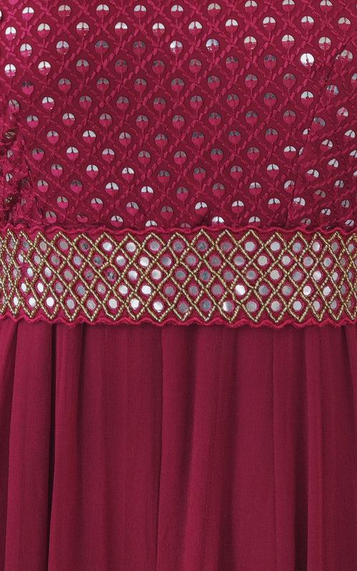 Burgundy Mirrorwork Jumpsuit With Embellished Belt