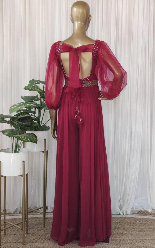 Burgundy Mirrorwork Jumpsuit With Embellished Belt