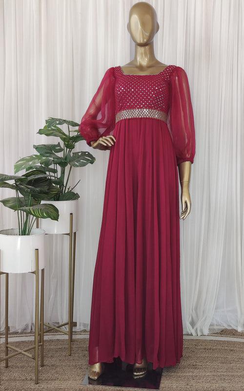 Burgundy Mirrorwork Jumpsuit With Embellished Belt