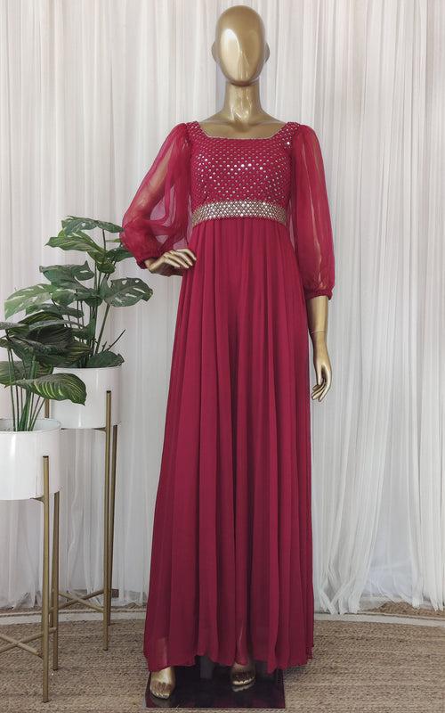 Burgundy Mirrorwork Jumpsuit With Embellished Belt