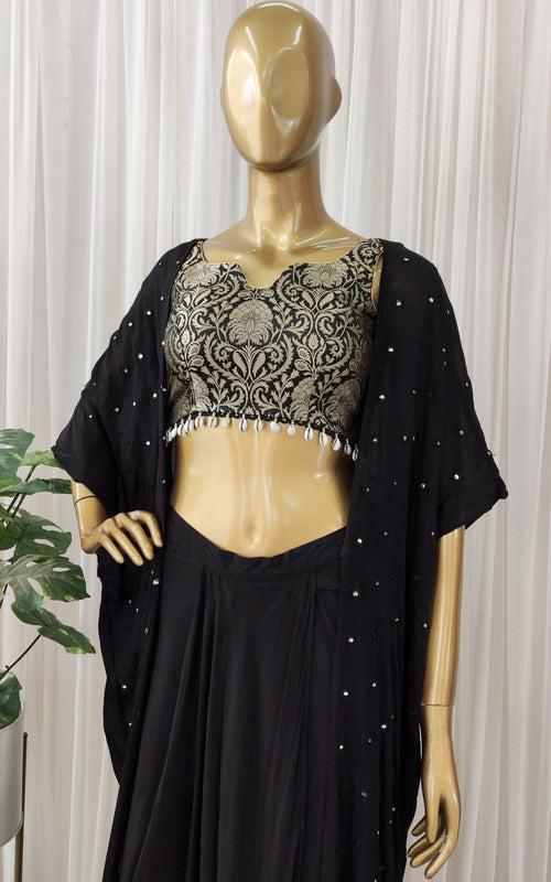 Nishita Black Brocade Crop Top & Draped Skirt Set