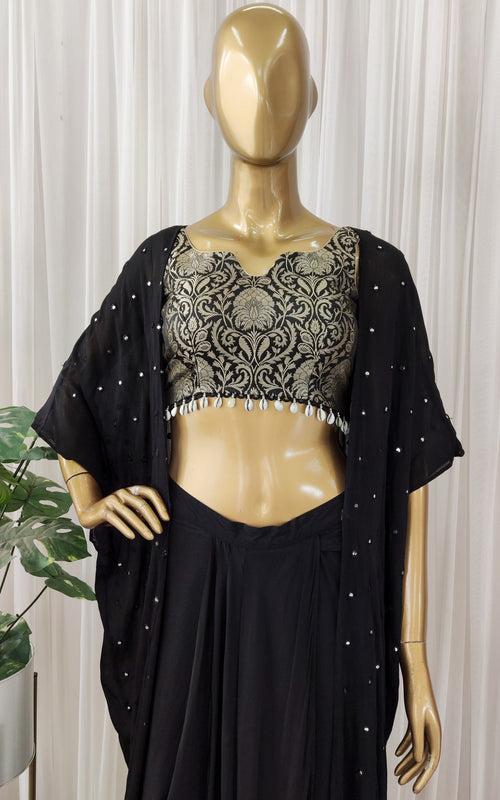 Nishita Black Brocade Crop Top & Draped Skirt Set