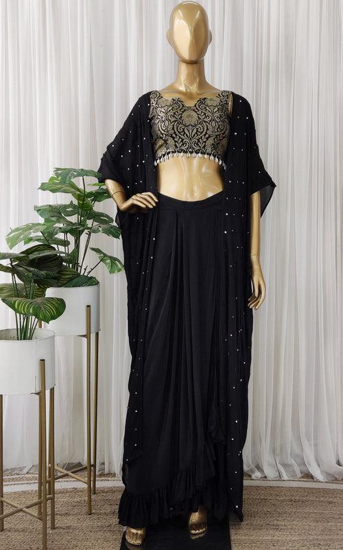 Nishita Black Brocade Crop Top & Draped Skirt Set