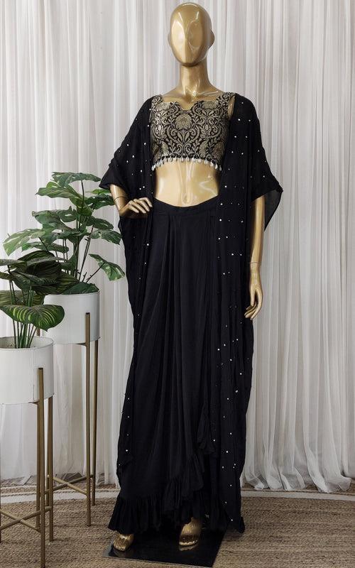 Nishita Black Brocade Crop Top & Draped Skirt Set