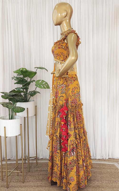 Tropical Yellow Frilly Mirrorwork Georgette Lehenga