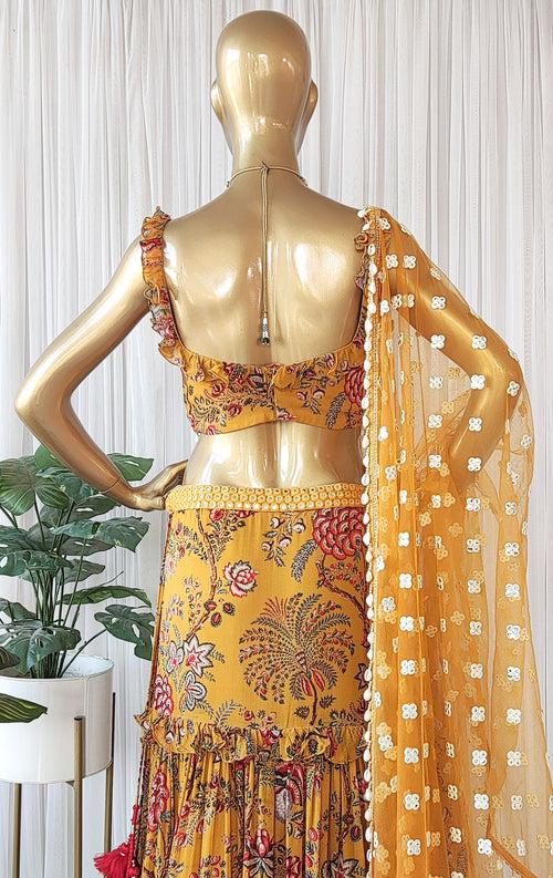 Tropical Yellow Frilly Mirrorwork Georgette Lehenga