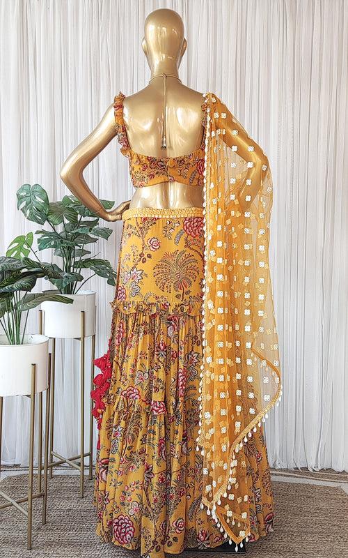 Tropical Yellow Frilly Mirrorwork Georgette Lehenga