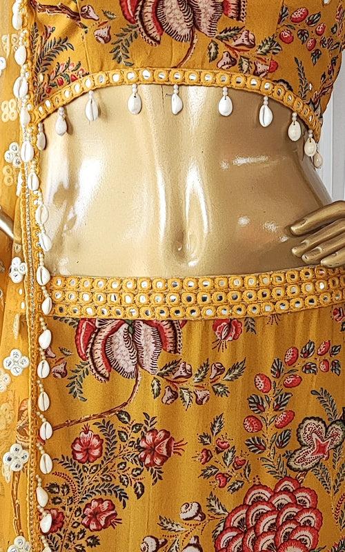 Tropical Yellow Frilly Mirrorwork Georgette Lehenga