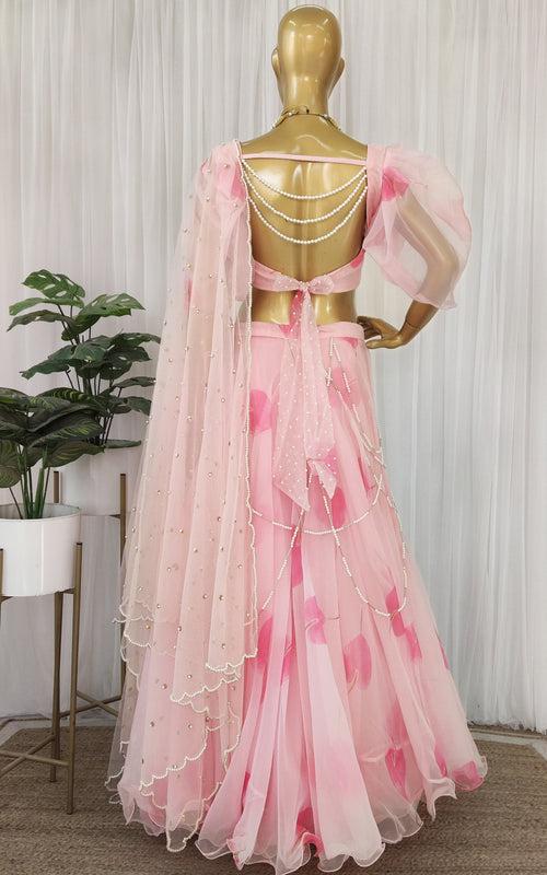 Gurleen Pink Petal Pearl work Organza Lehenga