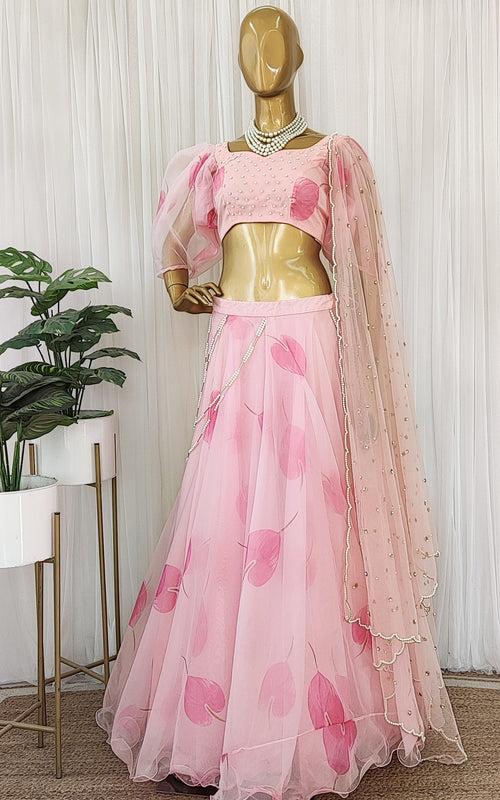 Gurleen Pink Petal Pearl work Organza Lehenga