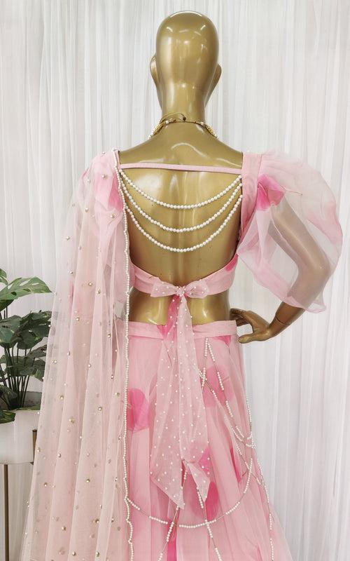 Gurleen Pink Petal Pearl work Organza Lehenga