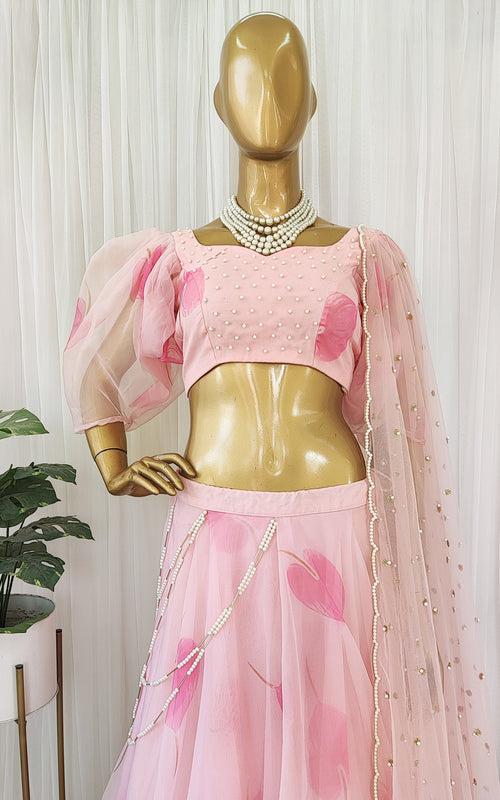 Gurleen Pink Petal Pearl work Organza Lehenga