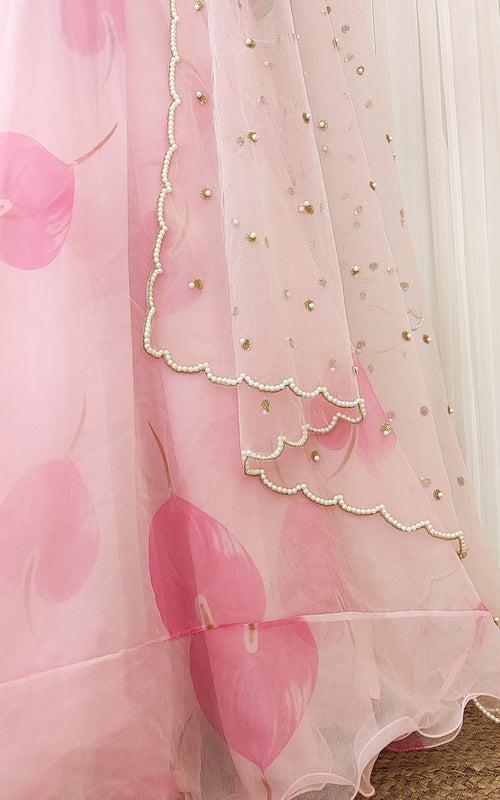 Gurleen Pink Petal Pearl work Organza Lehenga