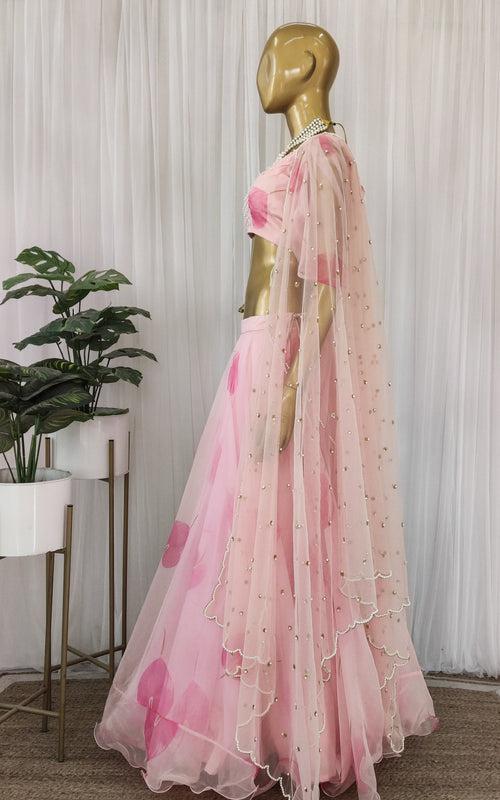 Gurleen Pink Petal Pearl work Organza Lehenga