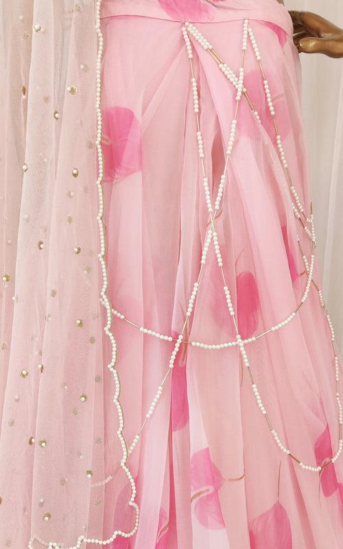 Gurleen Pink Petal Pearl work Organza Lehenga