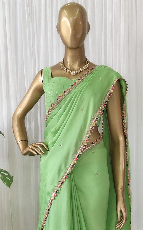 Green Sequinwork Satin Organza Saree