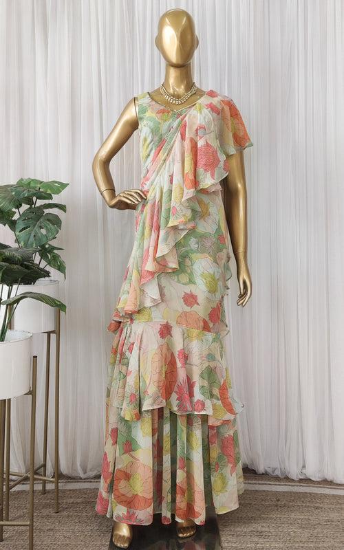 Lotus Print Multicolor Ruffle Saree Dress