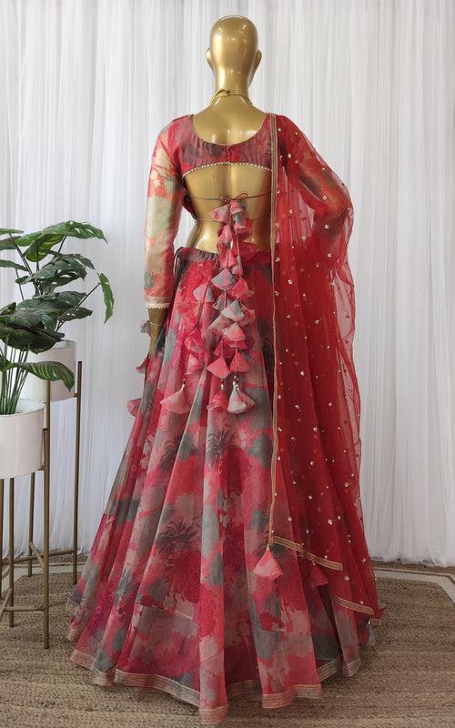 Pink-Red Floral Organza Lehenga