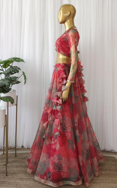 Pink-Red Floral Organza Lehenga