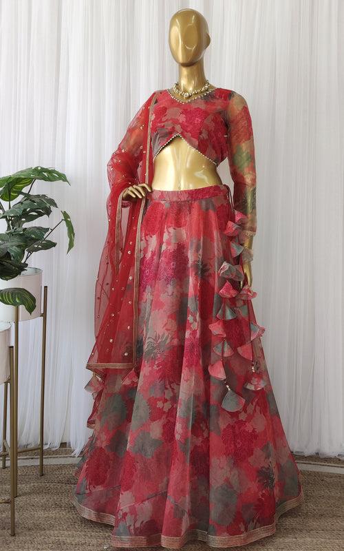 Pink-Red Floral Organza Lehenga