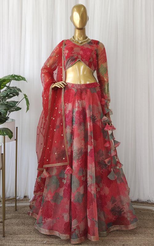 Pink-Red Floral Organza Lehenga