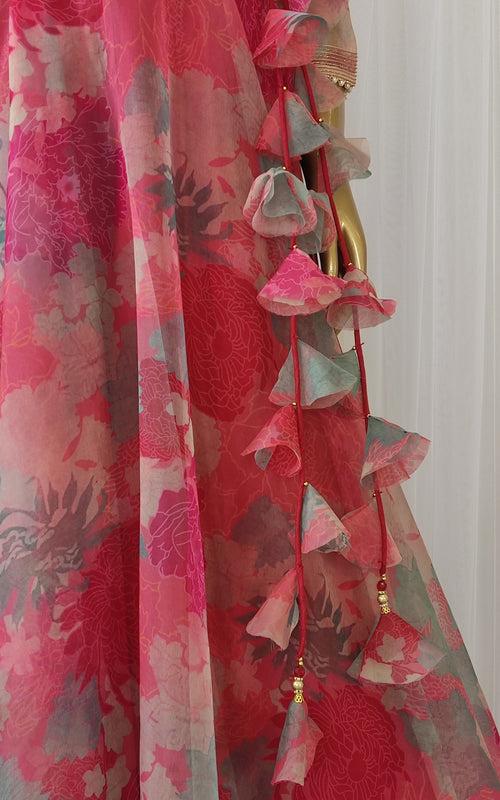 Pink-Red Floral Organza Lehenga