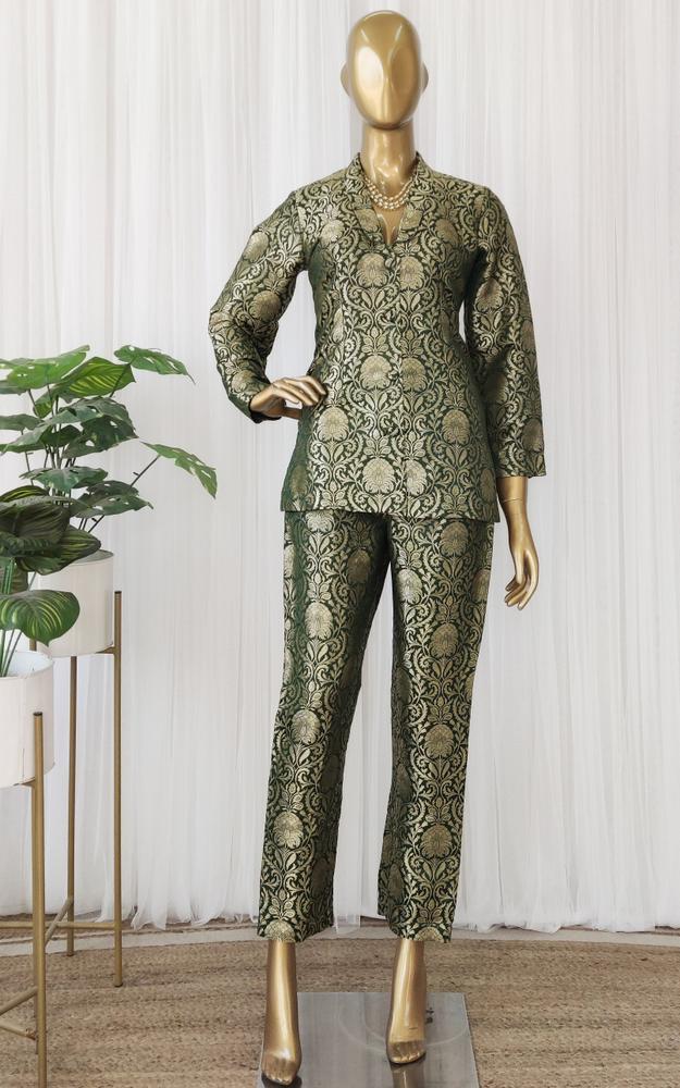 Bottle Green Brocade Pant-Suit Co-ord Set