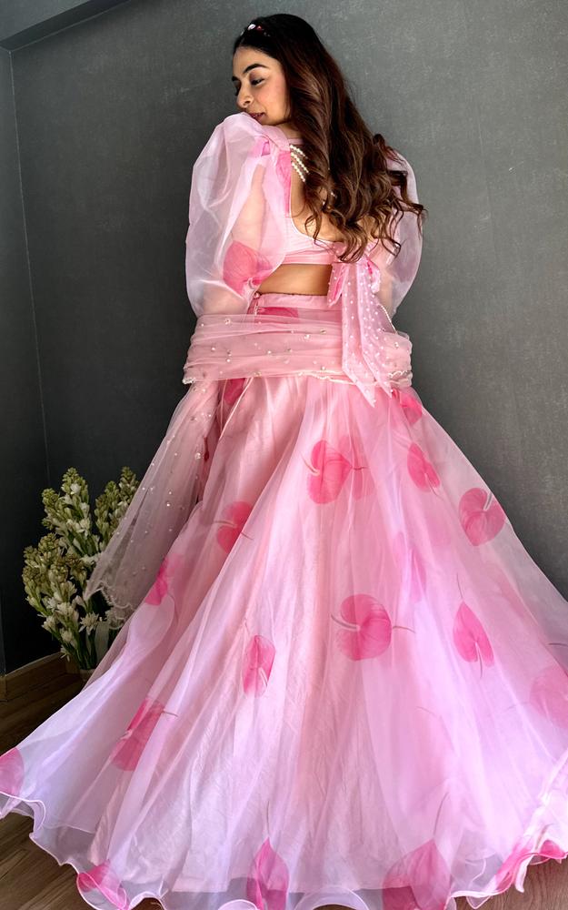 Gurleen Pink Petal Pearl work Organza Lehenga