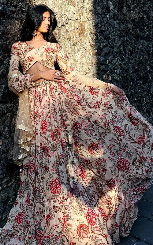 Tejaswini Beige Tropical Sequin Work Lehenga