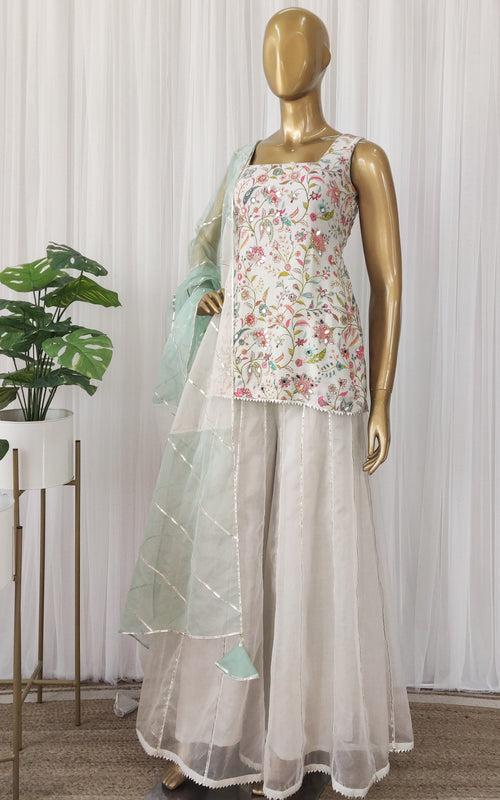 Off-white Vintage Floral Mirrorwork Sharara Set