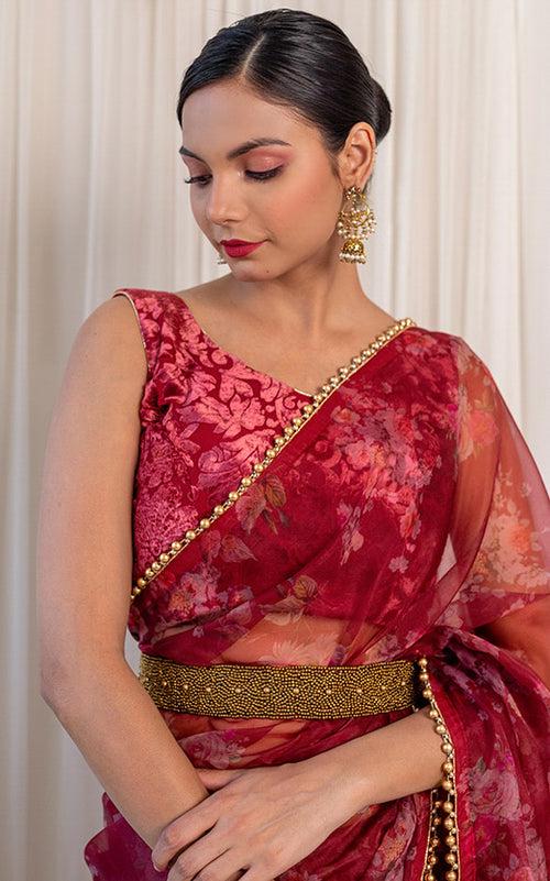 Wine Floral Organza Saree with Embellished Belt